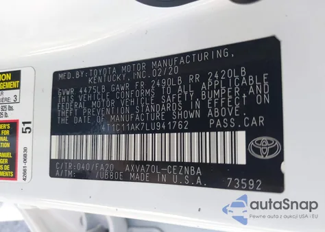 2020 Toyota Camry Le из США, поврежденный, VIN 4T1C11AK7LU941762